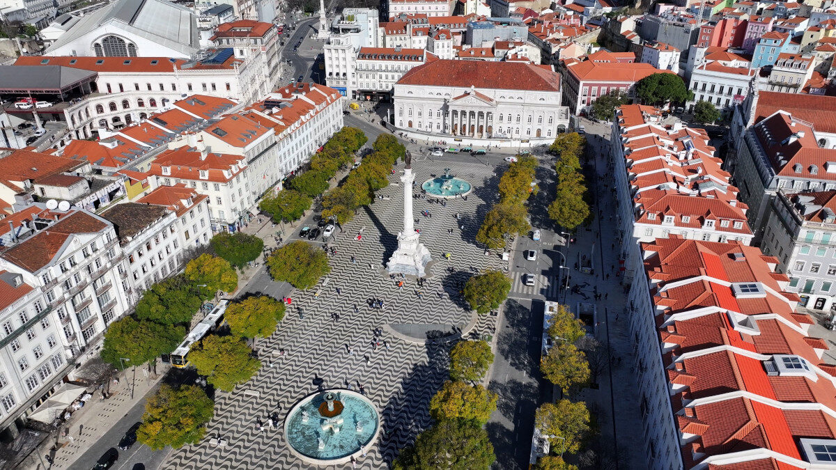 Aerial view of Rossio Square with its patterned pavement in Lisbon