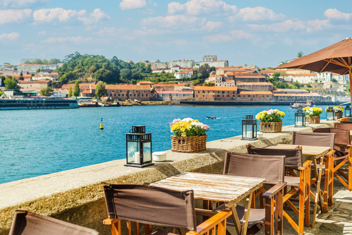 Outdoor terrace with views of the Douro River in Porto