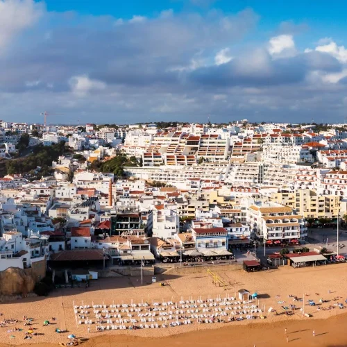 Coastal view of Portugal with beach and city
